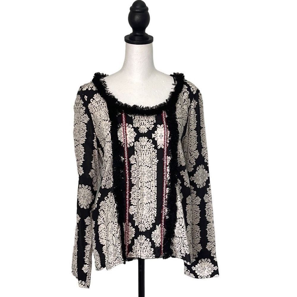 Vintage Kookai Rayon Print Blouse w/accent trim. Size 38/Small Black Cream
